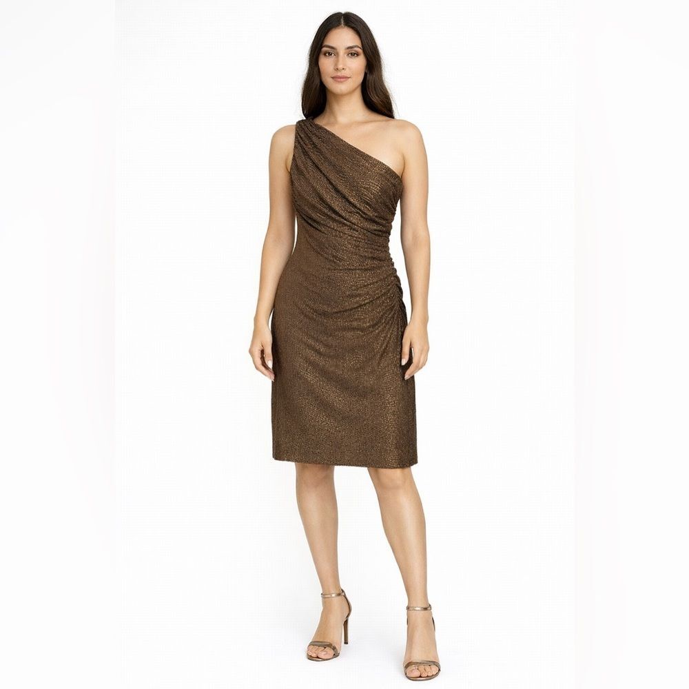 New Lauren Ralph Lauren Bronze Gold Shimmer One Shoulder Dress